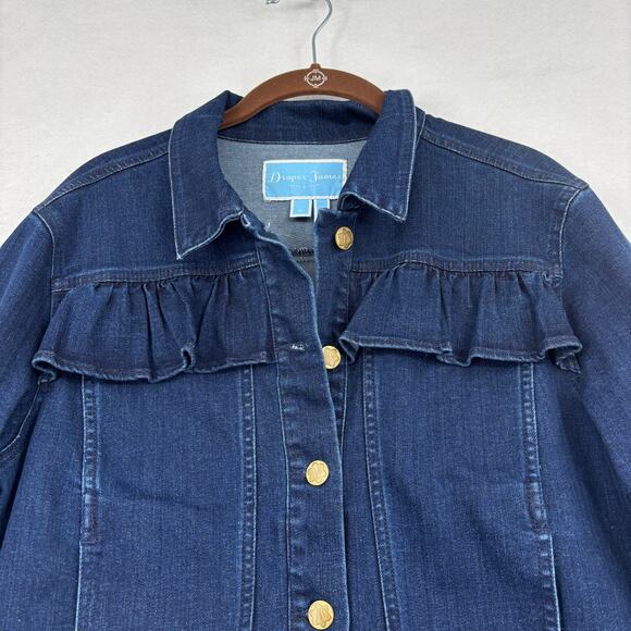 Draper James Jean Jacket Womens Size L Dark Wash Button Up Stretch Denim Ruffle - Picture 2 of 12